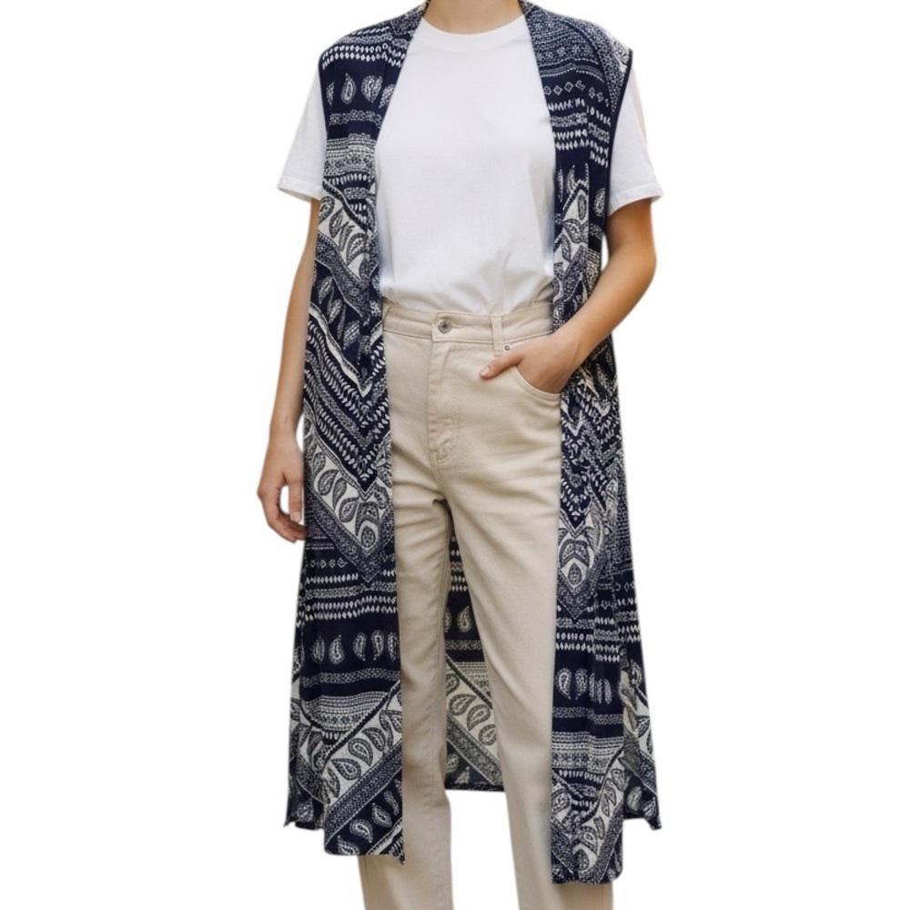 LULAROE Joy Vest Duster NEW Longline Outerwear Size XS Navy Blue White Paisley